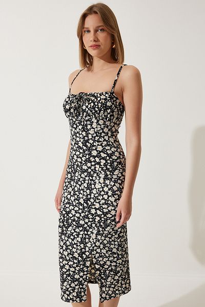 Happiness İstanbul Schwarzes, geblümtes, geschlitztes Sommer-Strickkleid für Damen CI00029