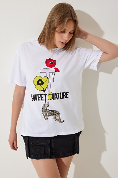 Happiness İstanbul Dámské bílé oversize pletené tričko s potiskem WO00039