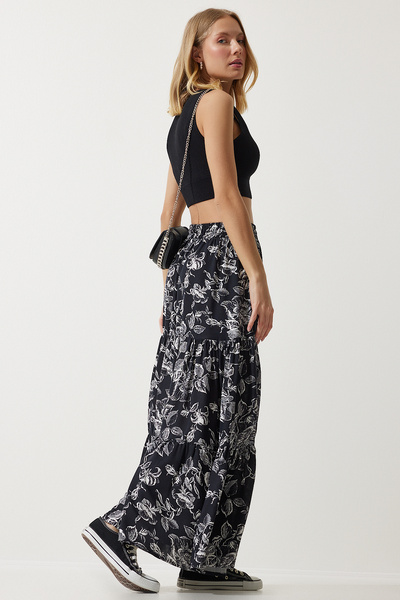 Happiness İstanbul Női fekete virágmintás flounce viszkóz szoknya DD01310
