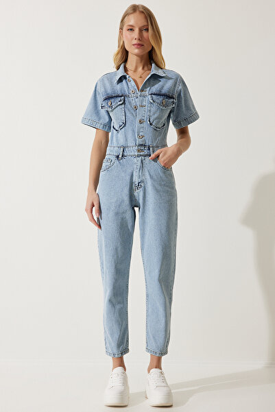 Happiness İstanbul Women's Medium Blue Short Sleeve Denim Jumpsuit RV00178