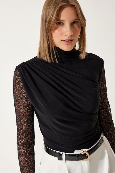 Happiness İstanbul Women's Black Lace Sleeve Gathered Knitted Blouse FF00162