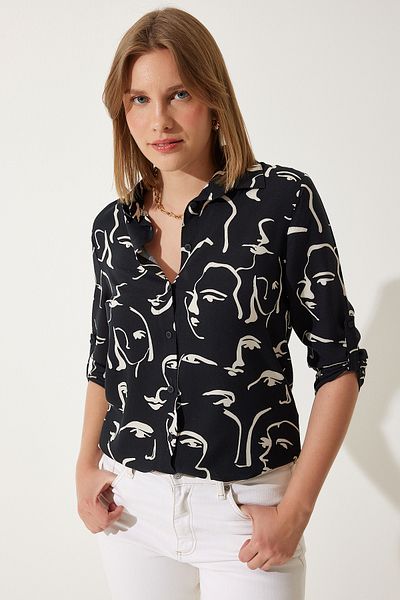 Happiness İstanbul Schwarzes gemustertes Basic-Shirt für Damen BH00326