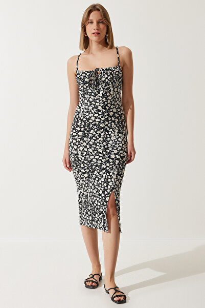 Happiness İstanbul Női fekete virágos hasított nyári kötött ruha CI00029