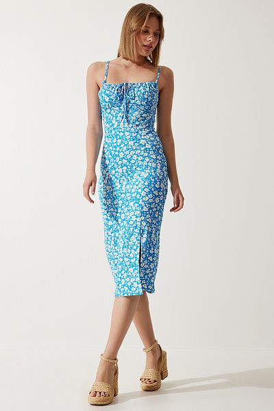 Happiness İstanbul Blaues, geblümtes, geschlitztes Sommer-Strickkleid für Damen CI00029