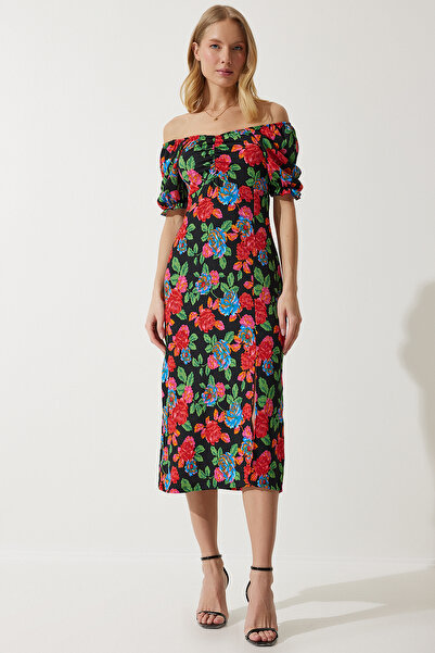 Happiness İstanbul Carmen galléros fekete piros rugalmas nyári ruha - MC00172