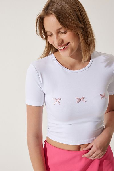 Happiness İstanbul Weißes Crop-T-Shirt mit Schleife für Damen MC00279