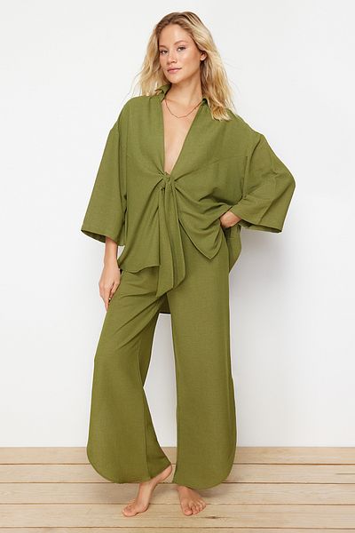 Trendyol Collection Vászonkeverék khaki ing és nadrág strandkészlet - TBESS24AU00031