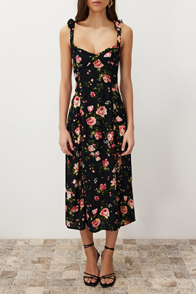 Trendyol Collection Černé květinové viskózové midi tkané šaty A-line TWOSS24EL00714