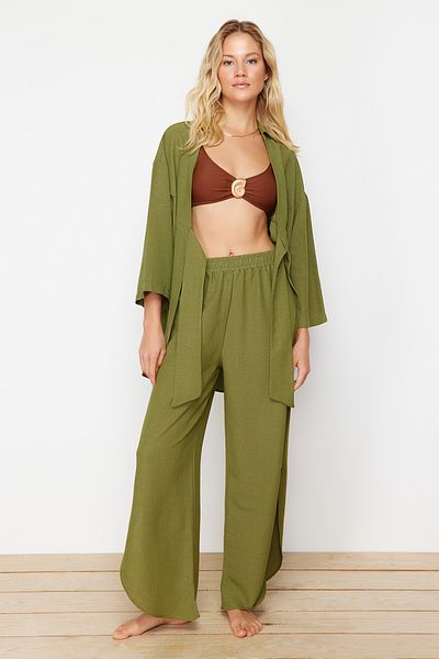 Trendyol Collection Vászonkeverék khaki ing és nadrág strandkészlet - TBESS24AU00031