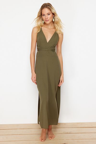 Trendyol Collection Khaki Midi szőtt hátú, mélyen dekoltált strandruha TBESS22EL0727