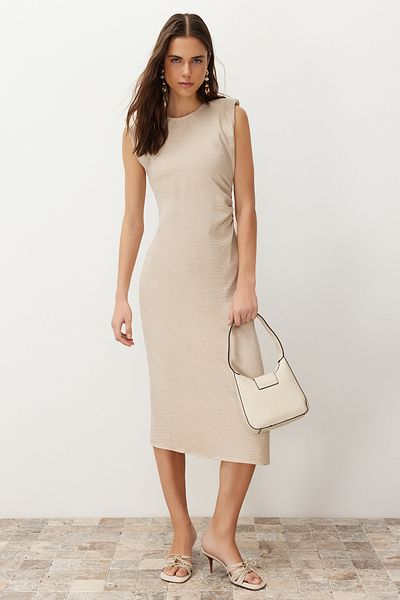 Trendyol Collection Mink Straight Cut Gather Detailed Midi Woven Dress TWOSS24EL00619