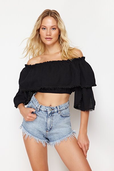 Trendyol Collection Bluză de plajă cu volan țesut crop negru TBESS24BZ00008