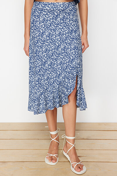 Trendyol Collection Kék nyomott magas derekú Midi sztreccs kötött szoknya összegyűjtött részletekkel és fodros TWOSS21ET0029