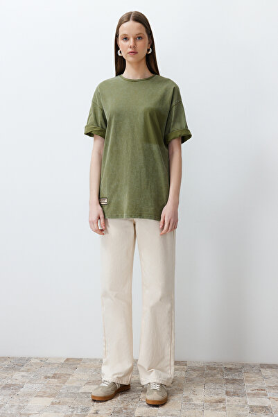 Trendyol Collection Khaki Thick Cotton Label Detail Distressed/Faded Effect Oversize Cut Knitted T-Shirt Twoss24Ts00033