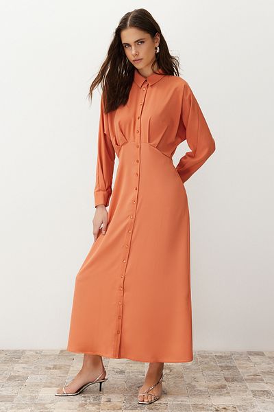 Trendyol Modest Φόρεμα υφαντό πουκάμισο με κουμπιά με πλακάκια TCTSS24EB00011