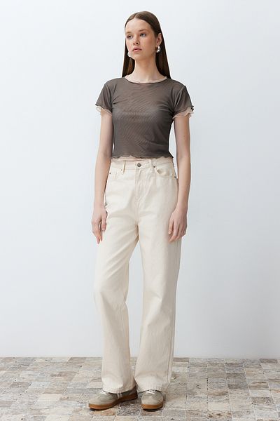 Trendyol Collection Khaki Fitted/Fitted Short Sleeve Double Layer Knitted Blouse TWOSS24BZ00496