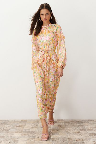 Trendyol Modest Πορτοκαλί φλοράλ βολάν Φόρεμα από υφαντό σιφόν με λεπτομερή επένδυση TCTSS24EB00003