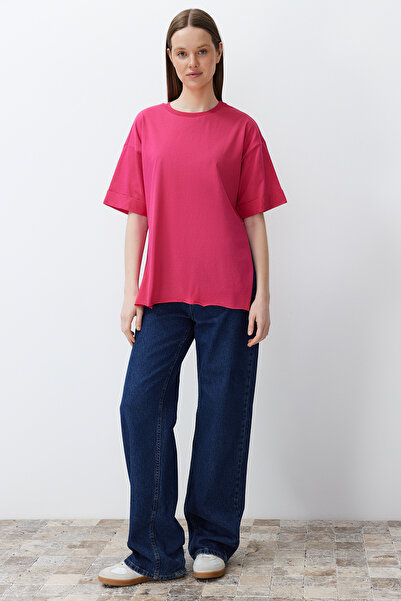 Trendyol Collection Aszimmetrikus szabású rózsaszín Boyfriend póló - 100% pamut, dupla ujjú, TWOSS20TS0828