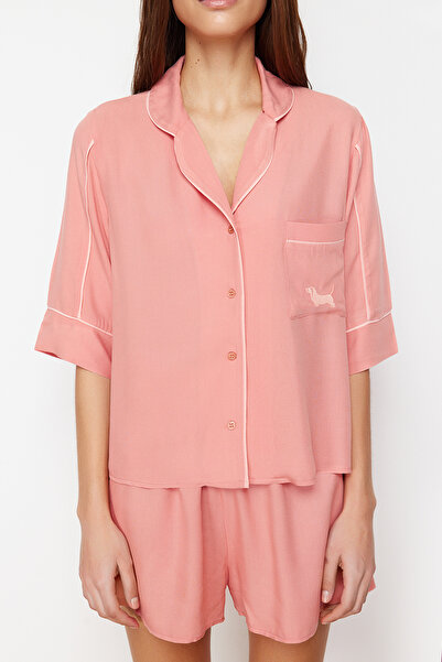 Trendyol Collection Woven Pajamas Set with Powder Animal Embroidery Piping Detail Viscose Shorts Thmss24Pt00183