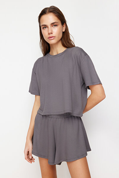 Trendyol Collection Anthracite Soft Button T-shirt and Shorts Knitted Top and Bottom Set TWOSS24AU00056