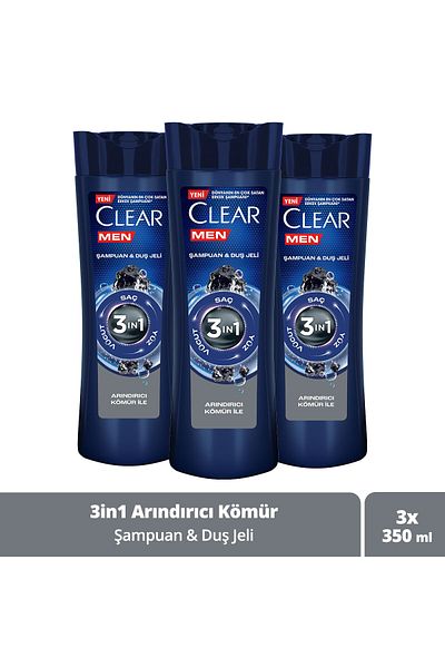 Clear 350 ml X3 - 3 In 1 Shampoo and Shower Gel Purifying Charcoal Hair Face Body Product for Men