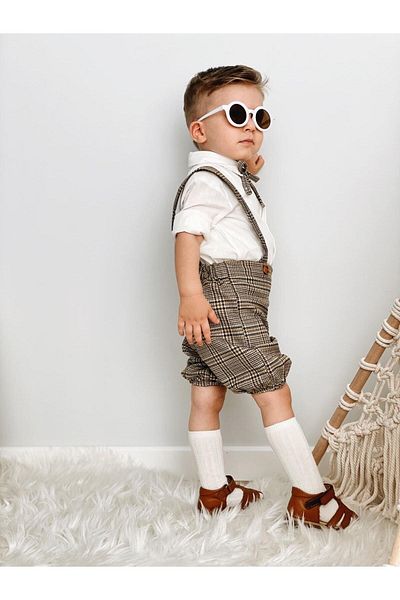 Ares Kids Fashion Striped Brown Salopet White Shirt And Neck Collar Accessory Holiday Special Daily Children's Baby Clothing
