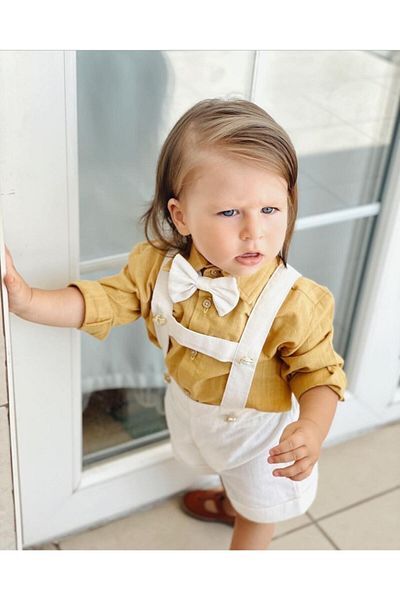 Ares Kids Fashion Cream Color Salopet Mustard Yellow Shirt And Bow Tie Boys Girls Holiday Gift Baby And Children's Clothing