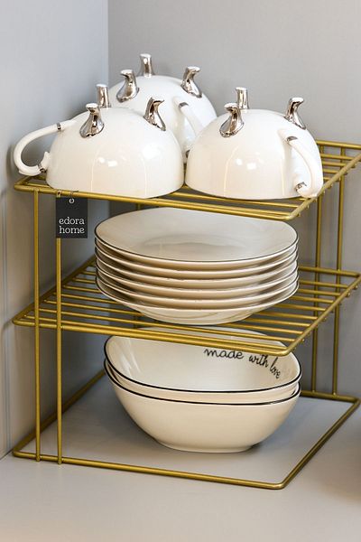 Edora Home Χρυσό ντουλάπι 3 επιπέδων Πιάτο πολλαπλών χρήσεων, ποτήρι, ράφι οργάνωσης κουζίνας, σχάρα για πιάτα - μεταλλικό ανοξείδωτο