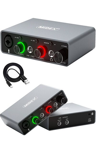 Midex بطاقة صوت استوديو USB من الجزء العلوي من GLX-700GR، 2 مدخل، 2 مخرج، 24 بت / 192 كيلو هرتز