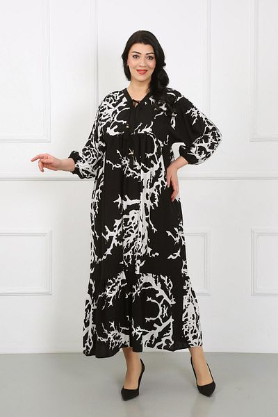 By Alba Collection Γυναικείο ασπρόμαυρο φόρεμα με στάμπα με μακρυμάνικο βαμβακερό βισκόζη σε μεγάλο μέγεθος