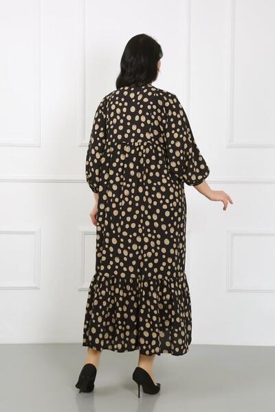 By Alba Collection Women's Tan Polka Dot Pattern Collar Lace Long Sleeve Cotton Viscose Plus Size Dress