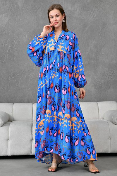 bayansepeti Rochie de vară albastră evazată pentru femei, cu model etnic, cu închidere cu nasturi, guler predominant, mânecă cu balon, cu croiala midi, 036