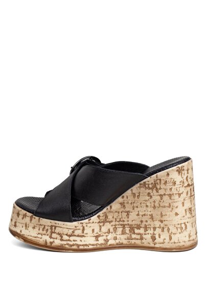 Mammamia D24YT-2155 Women's Leather Wedge Heel Slippers Black