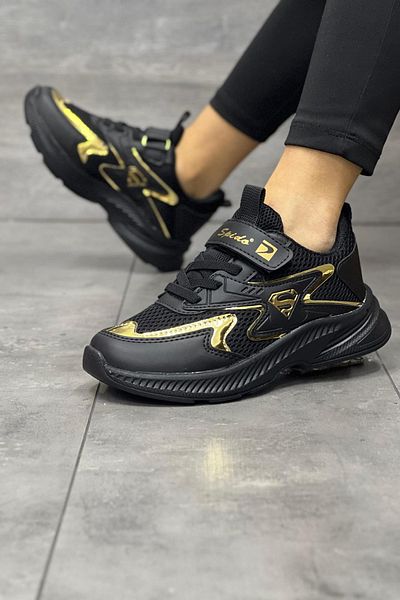 BOUIS Dětské černé zlaté šněrovací jednoduchý suchý zip lehké prodyšné unisex síťované tenisky sportovní boty