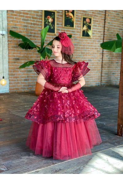 Sare Çocuk Giyim Burgundy Butterfly Detailed Girl's Evening Dress, Buckle, Gloves