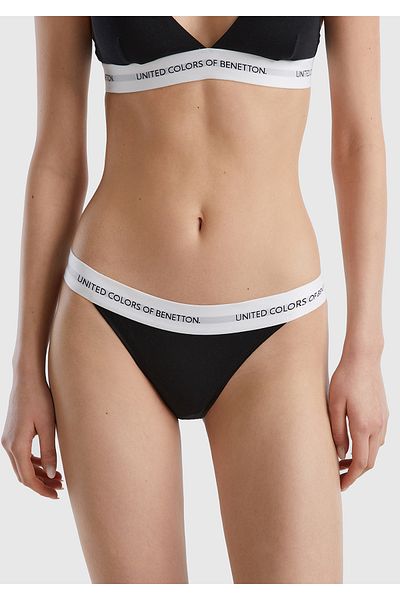 United Colors of Benetton Women's black cotton blend shiny logo Printed brazilian model panties