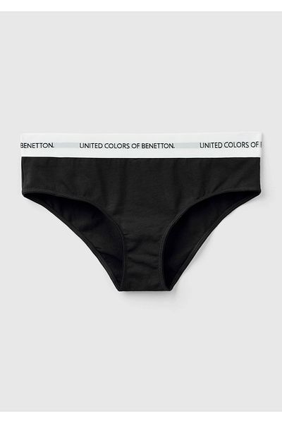 United Colors of Benetton Women's Black Cotton Blend Waist Shiny Logo Printed Classic Cut Panties