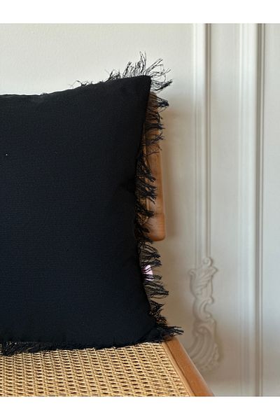Galia Tasarım Black Bohemian Fringed Tasseled Throw Pillow Cover - Washed Linen