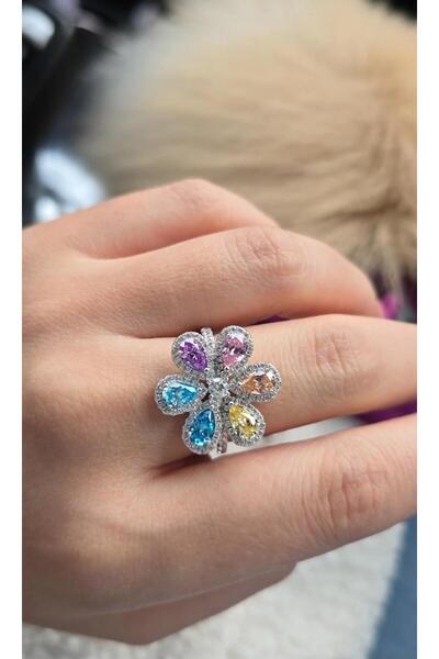 MorMajor Silver İTHAL MULTİ RENKLİ ÇİÇEKLİ FLOWER GÜMÜŞ YÜZÜK
