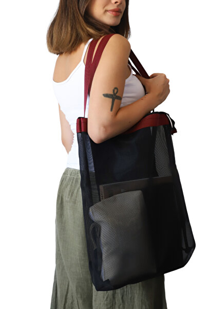 Wi Fro Плажна чанта за през рамо с мрежеста презрамка и вътрешен джоб, голям ...