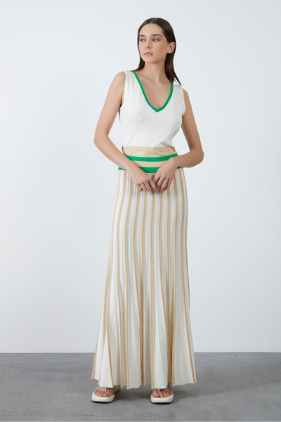 GİZİA Beli Lastikli Çizgili Triko Ekru Etek