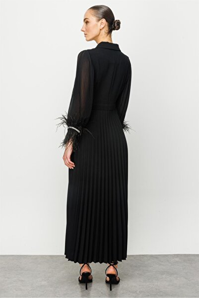 Ekol Moda ilgi Gilda Plise Detaylı Manşeti Otrişli Uzun Elbise Siyah