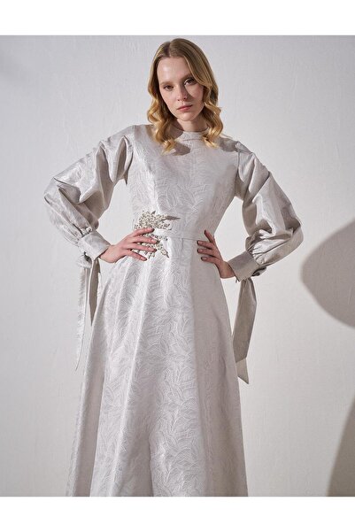 Kayra Embroidered Detailed Jacquard Dress Gray