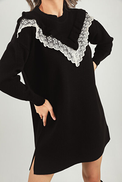 GÜLSELİ Black Women's Crew Neck Scalloped Knitwear Tunic