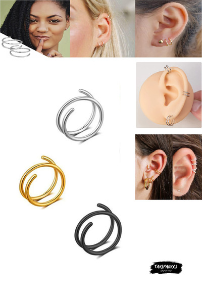 Takıparkxs 925 Ayar Gümüş 3’lü Silver Black Gold Dudak Kıkırdak Kaş Burun Tek...