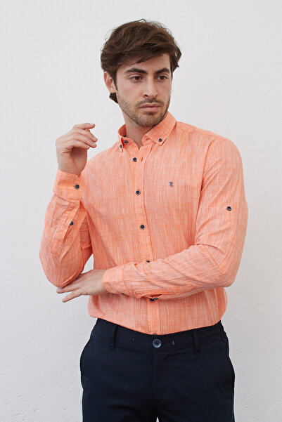 RAVANELLI Linen Orange Slim Fit Long Sleeve Shirt