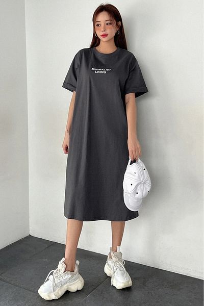 MODAGEN Γυναικείο Anthracite Crew Neck Minimalist Living Printed Φόρεμα