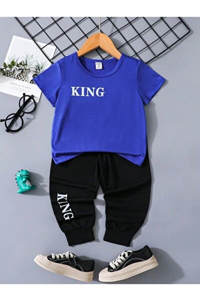 MORNİNG KİDS Set de tricou și pantaloni de trening pentru băieți, cu imprimeu King Printed Saks, albastru-negru