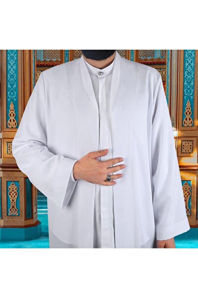 İkranur Beyaz Buhara Yaka Pratik Namaz Cübbesi - Sarık Kumaşı Hediyeli