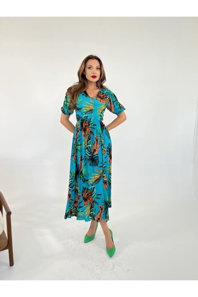 lovebox Νέα σεζόν υφασμάτινη εκτύπωση βισκόζης με κοντό μανίκι με λεπτομέρεια φόρεμα φόρεμα παραλίας 5363